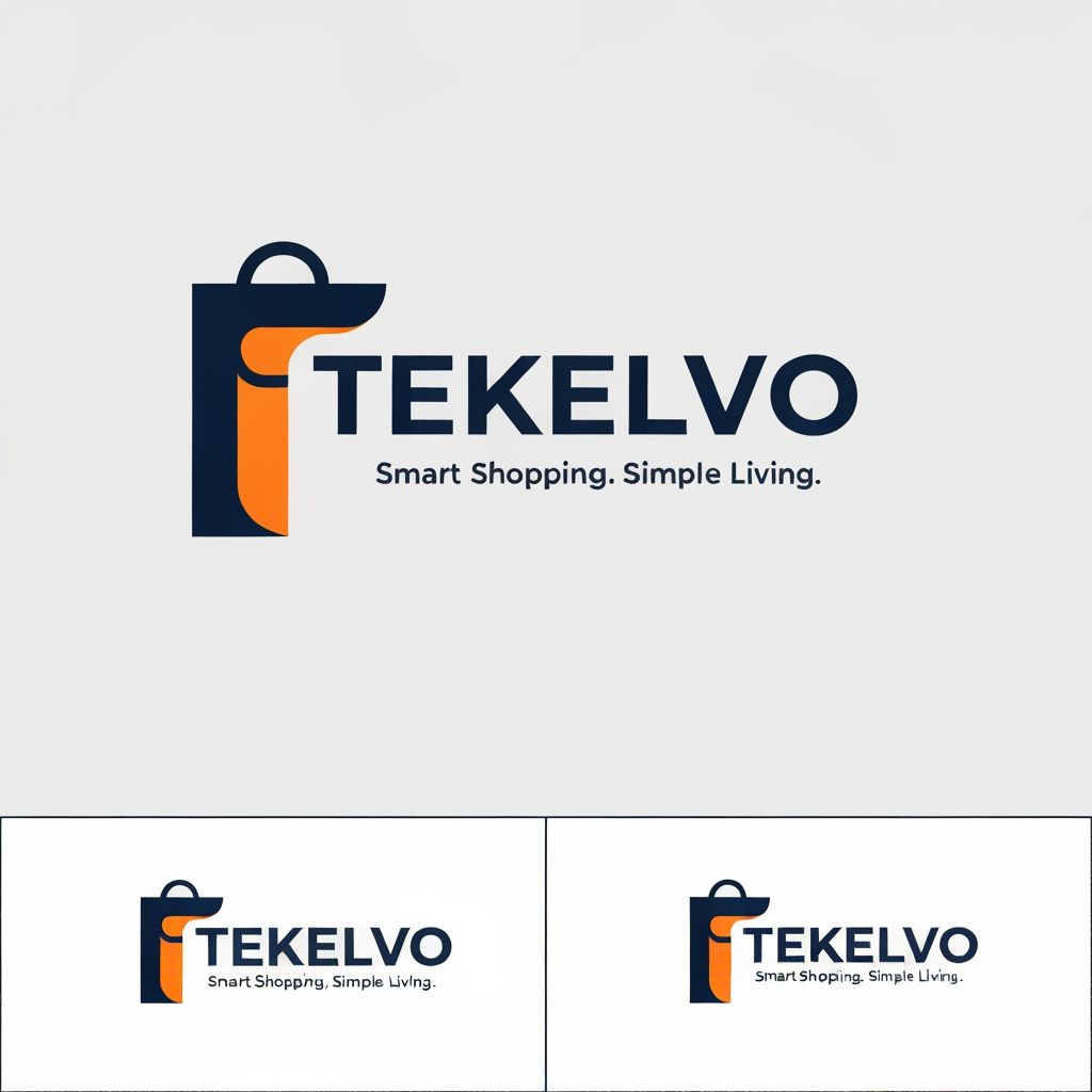 AI Design for Design a premium modern logo for “TEKELVO”, an e-commerce company. Create a memorable minimalist symbol combining the letter “T” with a subtle shopping cart or shopping-bag concept. Use clean geometric shapes, smooth curves, strong typography, and a professional tech-commerce aesthetic. Use deep navy blue as the primary color with a vibrant orange accent. The logo must look trustworthy, energetic, modern, scalable, and attractive to a broad audience. Include the wordmark “TEKELVO” with a clean bold sans-serif font and the tagline “Smart Shopping. Simple Living.” Provide a professional icon + wordmark version, horizontal version, and standalone icon. Avoid excessive details, generic cart icons, and complicated illustrations.