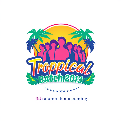 AI Design for A logo that has colorful tropical vibes with group of people. It has a phrase "Batch 2013" and "4th alumni homecoming