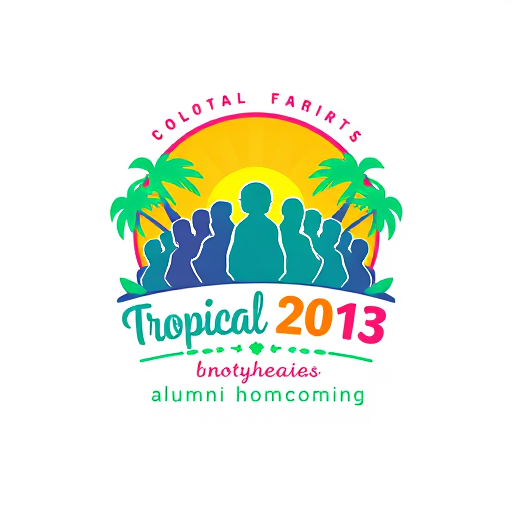 AI Design for A logo that has colorful tropical vibes with group of people. It has a phrase "Batch 2013" and "4th alumni homecoming