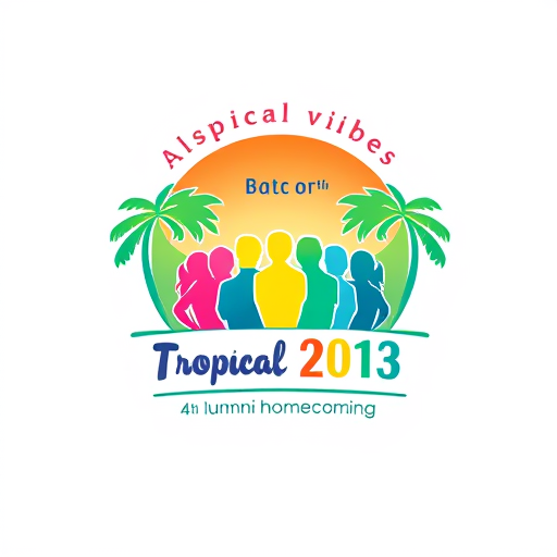 AI Design for A logo that has colorful tropical vibes with group of people. It has a phrase "Batch 2013" and "4th alumni homecoming