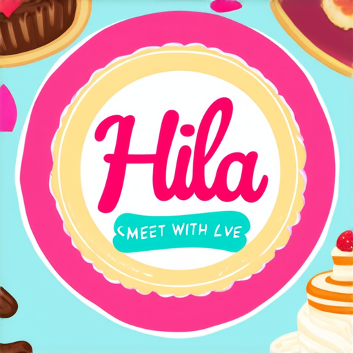 AI Design for a sweet brand called hila with Sweet Treats Made With Love this sentece around the logo