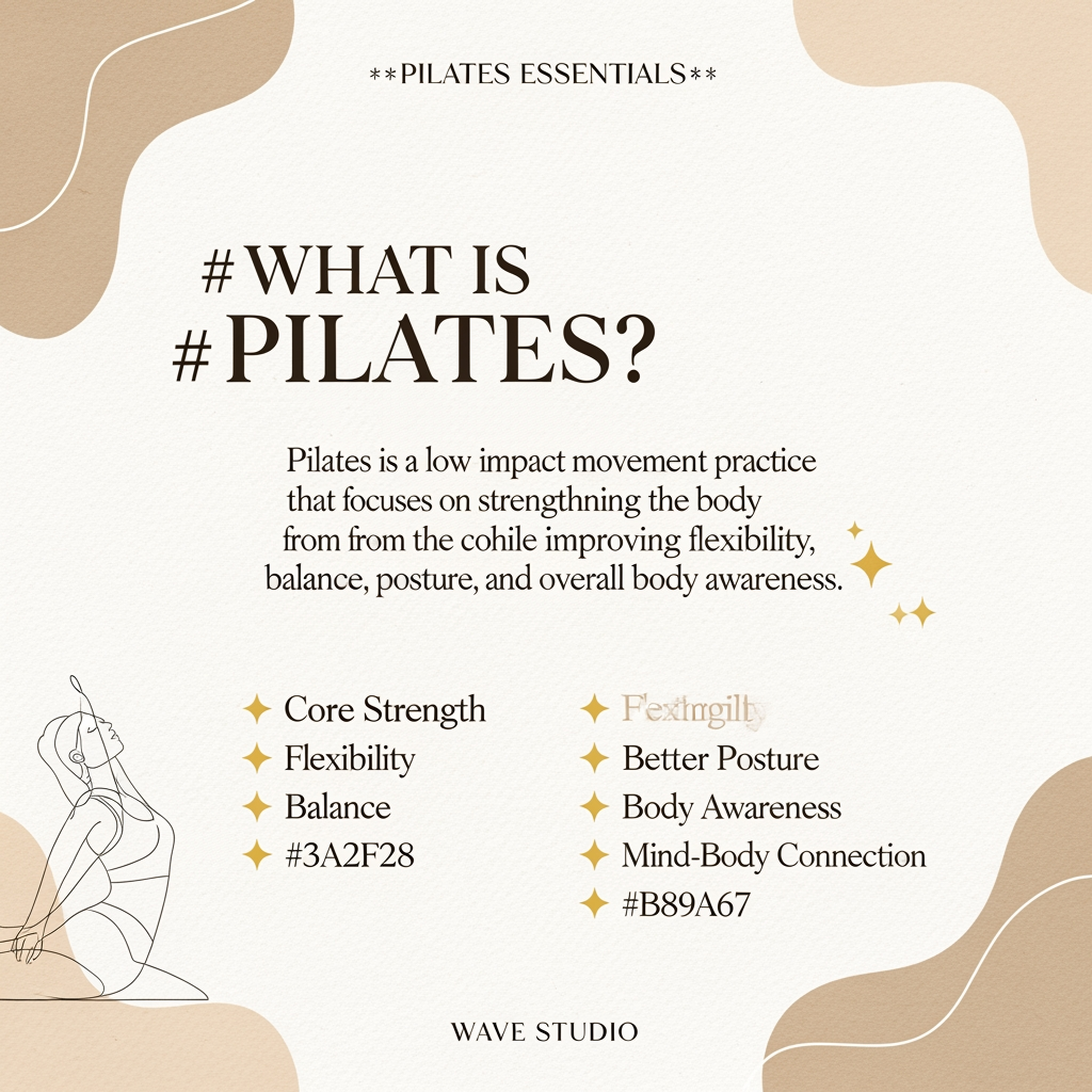AI Design for ### Instagram Carousel Slide 2 (4:5 Size)

**Canvas Size:** 1080 × 1350 px (4:5)

#### Layout Structure

**Top 15%**
Small text:
**PILATES ESSENTIALS**
(letter spacing + elegant sans-serif)

---

**Middle 40%**
Large heading:

# WHAT IS

# PILATES?

("PILATES" much larger in an elegant serif font)

---

**Center Content 25%**

Pilates is a low-impact movement practice that focuses on strengthening the body from the core while improving flexibility, balance, posture, and overall body awareness.

---

**Bottom Benefits Section 15%**

✦ Core Strength
✦ Flexibility
✦ Balance

✦ Better Posture
✦ Body Awareness
✦ Mind-Body Connection

Arrange in 2 columns.

---

**Bottom 5%**

WAVE STUDIO

(small, centered)

---

### Color Palette

**Background:** #E7D8C7 (warm beige)

**Primary Text:** #3A2F28 (dark espresso brown)

**Accent:** #B89A67 (soft muted gold)

---

### Design Elements

* Large soft organic beige blobs in corners
* Thin line-art Pilates pose on one side
* Minimal gold stars/sparkles
* Subtle paper texture overlay
* Editorial wellness aesthetic
* Plenty of breathing space

### Font Pairing

**Heading:** Cormorant Garamond / Playfair Display

**Body:** Montserrat / Poppins

This will look premium, calm, and luxury-wellness aligned for Wave Studio.