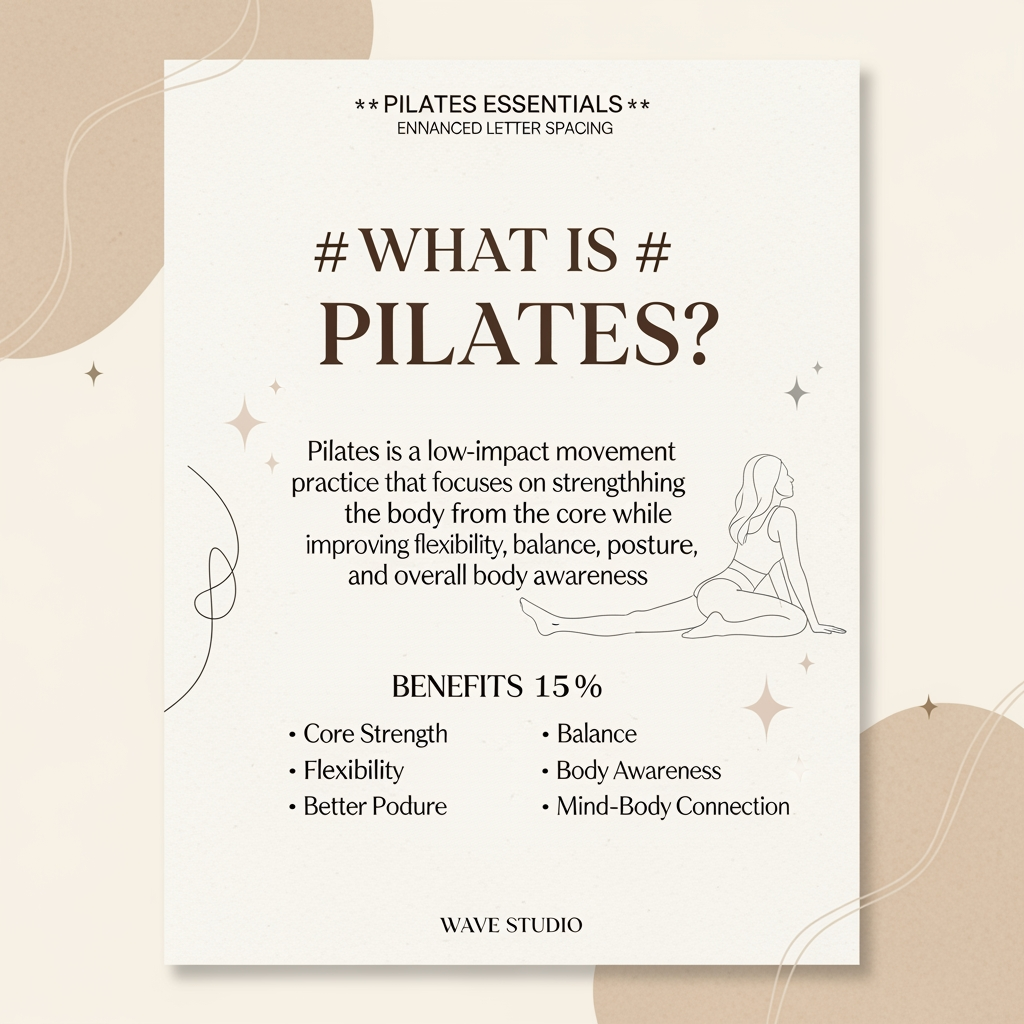 AI Design for ### Instagram Carousel Slide 2 (4:5 Size)

**Canvas Size:** 1080 × 1350 px (4:5)

#### Layout Structure

**Top 15%**
Small text:
**PILATES ESSENTIALS**
(letter spacing + elegant sans-serif)

---

**Middle 40%**
Large heading:

# WHAT IS

# PILATES?

("PILATES" much larger in an elegant serif font)

---

**Center Content 25%**

Pilates is a low-impact movement practice that focuses on strengthening the body from the core while improving flexibility, balance, posture, and overall body awareness.

---

**Bottom Benefits Section 15%**

✦ Core Strength
✦ Flexibility
✦ Balance

✦ Better Posture
✦ Body Awareness
✦ Mind-Body Connection

Arrange in 2 columns.

---

**Bottom 5%**

WAVE STUDIO

(small, centered)

---

### Color Palette

**Background:** #E7D8C7 (warm beige)

**Primary Text:** #3A2F28 (dark espresso brown)

**Accent:** #B89A67 (soft muted gold)

---

### Design Elements

* Large soft organic beige blobs in corners
* Thin line-art Pilates pose on one side
* Minimal gold stars/sparkles
* Subtle paper texture overlay
* Editorial wellness aesthetic
* Plenty of breathing space

### Font Pairing

**Heading:** Cormorant Garamond / Playfair Display

**Body:** Montserrat / Poppins

This will look premium, calm, and luxury-wellness aligned for Wave Studio.