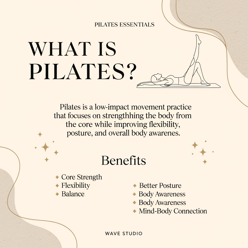 AI Design for ### Instagram Carousel Slide 2 (4:5 Size)

**Canvas Size:** 1080 × 1350 px (4:5)

#### Layout Structure

**Top 15%**
Small text:
**PILATES ESSENTIALS**
(letter spacing + elegant sans-serif)

---

**Middle 40%**
Large heading:

# WHAT IS

# PILATES?

("PILATES" much larger in an elegant serif font)

---

**Center Content 25%**

Pilates is a low-impact movement practice that focuses on strengthening the body from the core while improving flexibility, balance, posture, and overall body awareness.

---

**Bottom Benefits Section 15%**

✦ Core Strength
✦ Flexibility
✦ Balance

✦ Better Posture
✦ Body Awareness
✦ Mind-Body Connection

Arrange in 2 columns.

---

**Bottom 5%**

WAVE STUDIO

(small, centered)

---

### Color Palette

**Background:** #E7D8C7 (warm beige)

**Primary Text:** #3A2F28 (dark espresso brown)

**Accent:** #B89A67 (soft muted gold)

---

### Design Elements

* Large soft organic beige blobs in corners
* Thin line-art Pilates pose on one side
* Minimal gold stars/sparkles
* Subtle paper texture overlay
* Editorial wellness aesthetic
* Plenty of breathing space

### Font Pairing

**Heading:** Cormorant Garamond / Playfair Display

**Body:** Montserrat / Poppins

This will look premium, calm, and luxury-wellness aligned for Wave Studio.