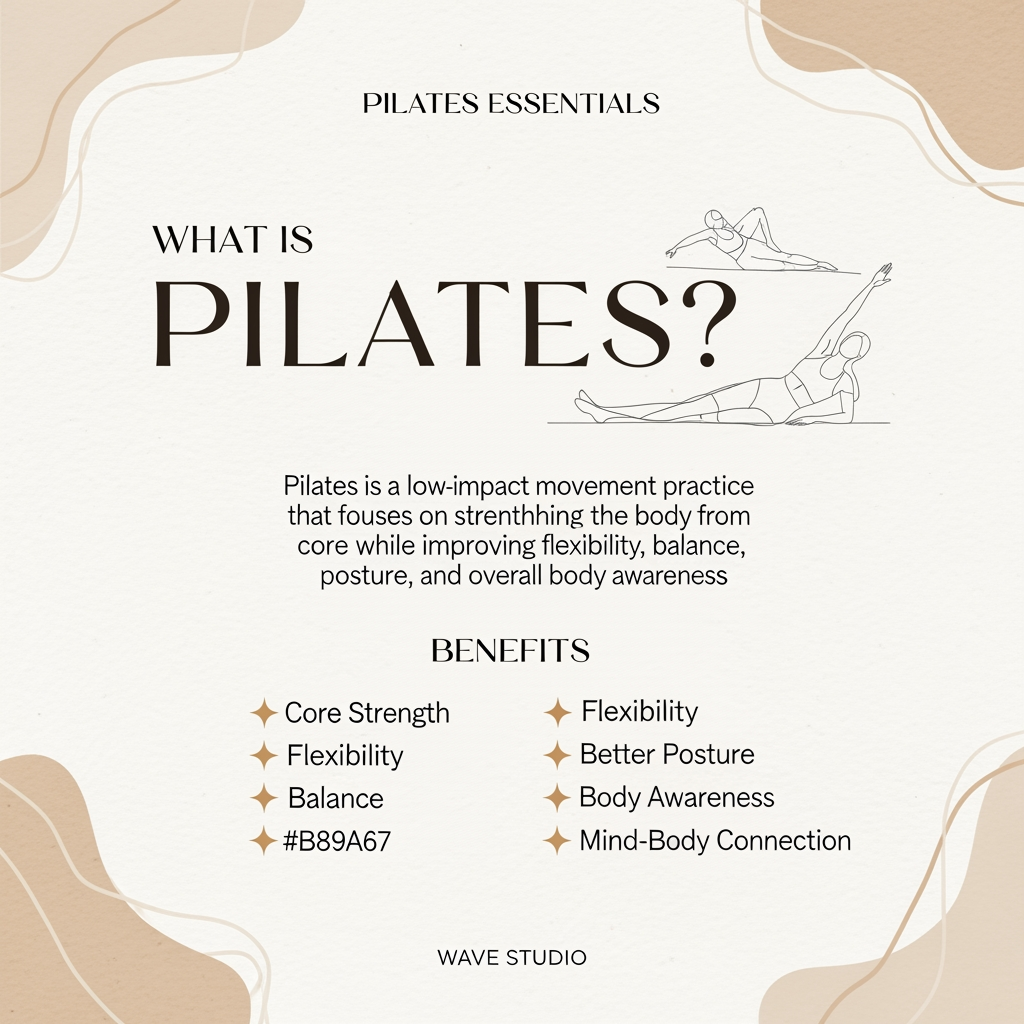 AI Design for ### Instagram Carousel Slide 2 (4:5 Size)

**Canvas Size:** 1080 × 1350 px (4:5)

#### Layout Structure

**Top 15%**
Small text:
**PILATES ESSENTIALS**
(letter spacing + elegant sans-serif)

---

**Middle 40%**
Large heading:

# WHAT IS

# PILATES?

("PILATES" much larger in an elegant serif font)

---

**Center Content 25%**

Pilates is a low-impact movement practice that focuses on strengthening the body from the core while improving flexibility, balance, posture, and overall body awareness.

---

**Bottom Benefits Section 15%**

✦ Core Strength
✦ Flexibility
✦ Balance

✦ Better Posture
✦ Body Awareness
✦ Mind-Body Connection

Arrange in 2 columns.

---

**Bottom 5%**

WAVE STUDIO

(small, centered)

---

### Color Palette

**Background:** #E7D8C7 (warm beige)

**Primary Text:** #3A2F28 (dark espresso brown)

**Accent:** #B89A67 (soft muted gold)

---

### Design Elements

* Large soft organic beige blobs in corners
* Thin line-art Pilates pose on one side
* Minimal gold stars/sparkles
* Subtle paper texture overlay
* Editorial wellness aesthetic
* Plenty of breathing space

### Font Pairing

**Heading:** Cormorant Garamond / Playfair Display

**Body:** Montserrat / Poppins

This will look premium, calm, and luxury-wellness aligned for Wave Studio.