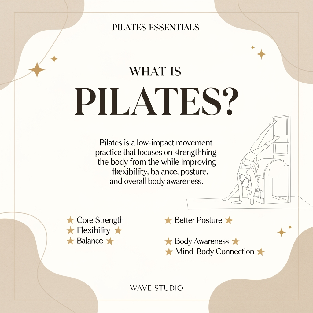 AI Design for ### Instagram Carousel Slide 2 (4:5 Size)

**Canvas Size:** 1080 × 1350 px (4:5)

#### Layout Structure

**Top 15%**
Small text:
**PILATES ESSENTIALS**
(letter spacing + elegant sans-serif)

---

**Middle 40%**
Large heading:

# WHAT IS

# PILATES?

("PILATES" much larger in an elegant serif font)

---

**Center Content 25%**

Pilates is a low-impact movement practice that focuses on strengthening the body from the core while improving flexibility, balance, posture, and overall body awareness.

---

**Bottom Benefits Section 15%**

✦ Core Strength
✦ Flexibility
✦ Balance

✦ Better Posture
✦ Body Awareness
✦ Mind-Body Connection

Arrange in 2 columns.

---

**Bottom 5%**

WAVE STUDIO

(small, centered)

---

### Color Palette

**Background:** #E7D8C7 (warm beige)

**Primary Text:** #3A2F28 (dark espresso brown)

**Accent:** #B89A67 (soft muted gold)

---

### Design Elements

* Large soft organic beige blobs in corners
* Thin line-art Pilates pose on one side
* Minimal gold stars/sparkles
* Subtle paper texture overlay
* Editorial wellness aesthetic
* Plenty of breathing space

### Font Pairing

**Heading:** Cormorant Garamond / Playfair Display

**Body:** Montserrat / Poppins

This will look premium, calm, and luxury-wellness aligned for Wave Studio.