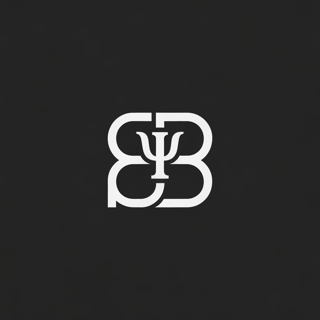 AI Design for A sophisticated and minimalist logo design featuring the letters BB intertwined in a seamless, fluid monoline style. The design subtly integrates the Greek letter Psi, the universal symbol for psychology, into the negative space of the letters. The aesthetic is clean, modern, and professional, using a balanced monochromatic color palette on a solid background to emphasize the smooth, geometric precision of the typography.