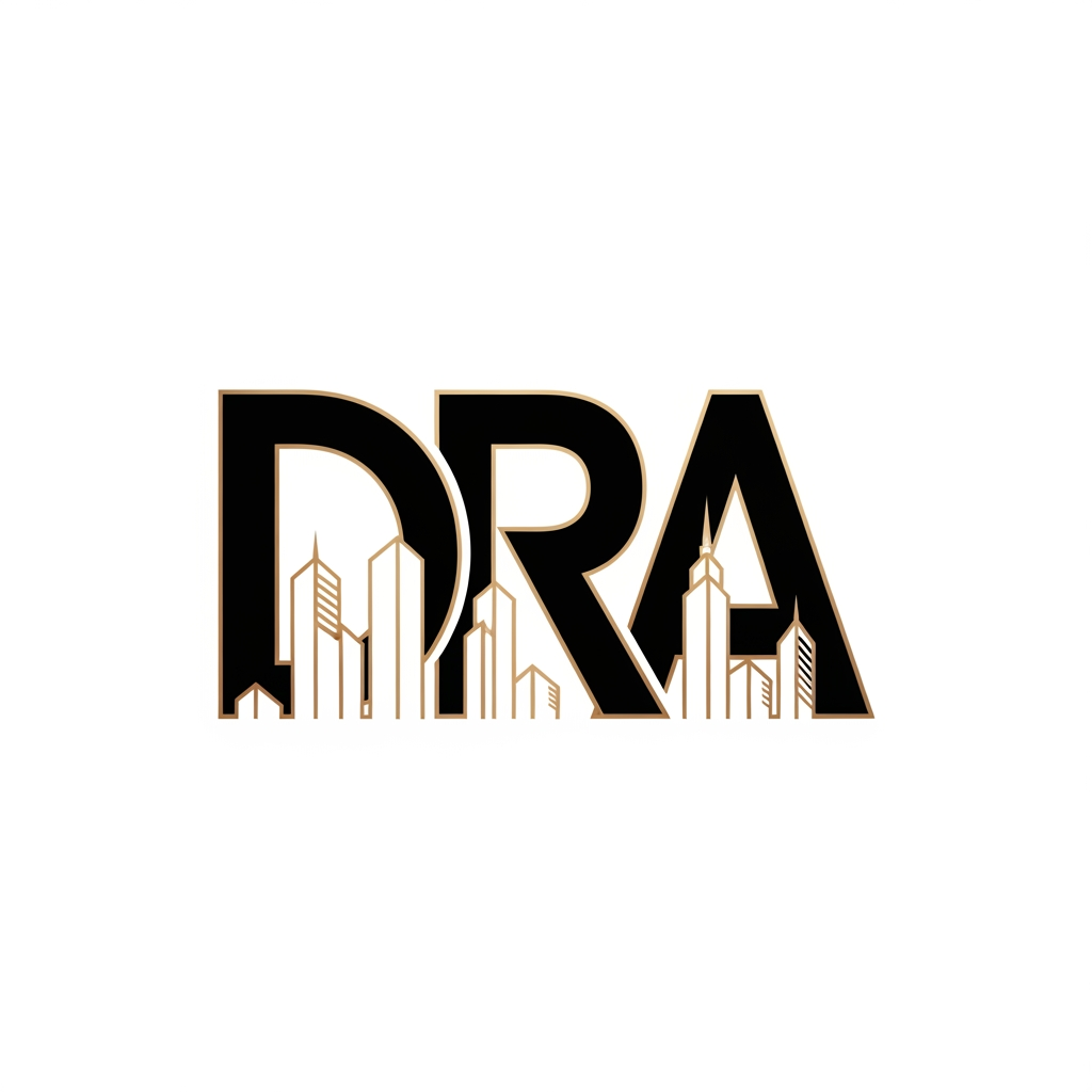 AI Design for Design an ultra-modern monogram logo using the letters DRA for "DRA Infra". Integrate subtle skyscraper forms into the negative space of the monogram without using obvious building icons. Premium architecture and infrastructure branding, luxury developer aesthetic, geometric precision, black, white and champagne gold, minimalist vector logo.