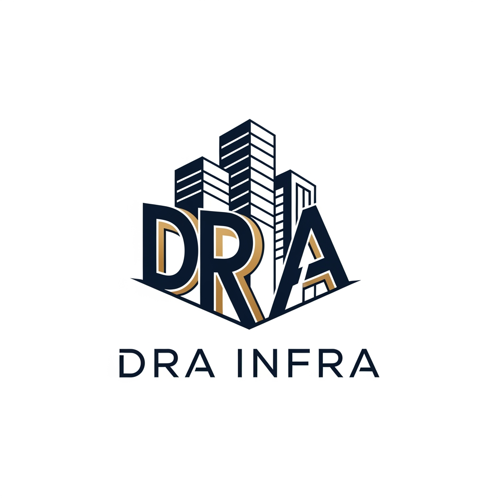 AI Design for Design a premium modern logo for DRA INFRA, a construction, infrastructure and architecture company. Create a unique architectural building icon where the letters D, R, and A are seamlessly integrated into the building structure itself. The building should be shown in a slight 3D perspective view, like a modern high-rise corner building. The D forms the left structure, R forms the central tallest tower, and A forms the right section, all appearing as one continuous architectural form. Use clean geometric lines, negative space, minimal design, luxury corporate branding style. Color palette: deep navy blue outlines with elegant gold accents. Professional, scalable, vector logo, white background, premium real estate developer identity, award-winning branding, modern infrastructure company logo, balanced composition, clean typography with "DRA INFRA" below.