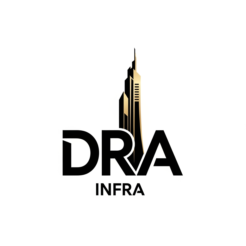 AI Design for Design a premium architectural logo for "DRA Infra". Create custom bold geometric typography where the letters D, R, and A subtly merge into a modern skyscraper silhouette. Clean negative space, luxury real-estate branding, sharp edges, futuristic architecture feel, black and metallic gold color palette, minimalist, high-end construction company logo, vector style.