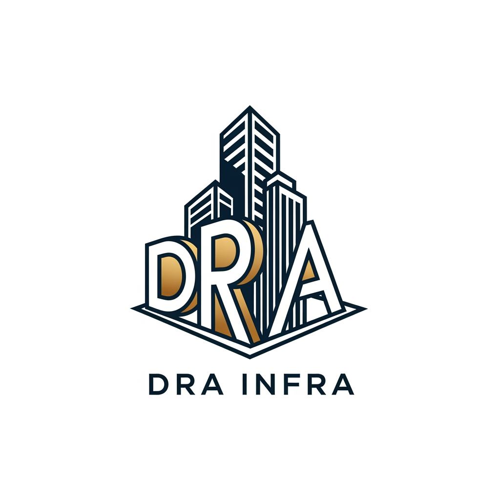 AI Design for Design a premium modern logo for DRA INFRA, a construction, infrastructure and architecture company. Create a unique architectural building icon where the letters D, R, and A are seamlessly integrated into the building structure itself. The building should be shown in a slight 3D perspective view, like a modern high-rise corner building. The D forms the left structure, R forms the central tallest tower, and A forms the right section, all appearing as one continuous architectural form. Use clean geometric lines, negative space, minimal design, luxury corporate branding style. Color palette: deep navy blue outlines with elegant gold accents. Professional, scalable, vector logo, white background, premium real estate developer identity, award-winning branding, modern infrastructure company logo, balanced composition, clean typography with "DRA INFRA" below.