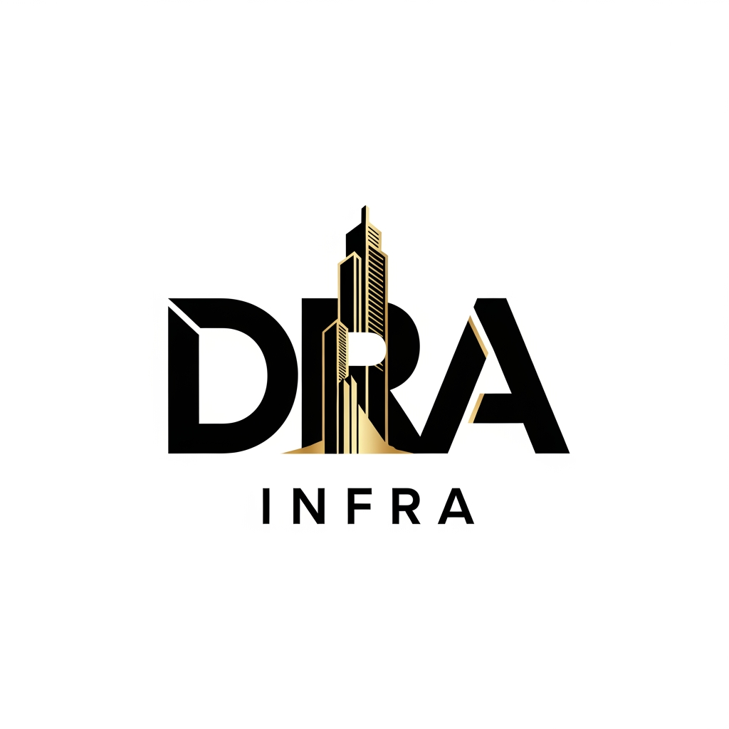 AI Design for Design a premium architectural logo for "DRA Infra". Create custom bold geometric typography where the letters D, R, and A subtly merge into a modern skyscraper silhouette. Clean negative space, luxury real-estate branding, sharp edges, futuristic architecture feel, black and metallic gold color palette, minimalist, high-end construction company logo, vector style.