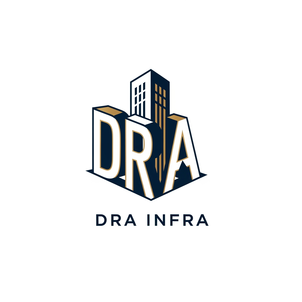 AI Design for Design a premium modern logo for DRA INFRA, a construction, infrastructure and architecture company. Create a unique architectural building icon where the letters D, R, and A are seamlessly integrated into the building structure itself. The building should be shown in a slight 3D perspective view, like a modern high-rise corner building. The D forms the left structure, R forms the central tallest tower, and A forms the right section, all appearing as one continuous architectural form. Use clean geometric lines, negative space, minimal design, luxury corporate branding style. Color palette: deep navy blue outlines with elegant gold accents. Professional, scalable, vector logo, white background, premium real estate developer identity, award-winning branding, modern infrastructure company logo, balanced composition, clean typography with "DRA INFRA" below.