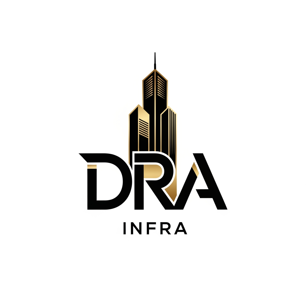 AI Design for Design a premium architectural logo for "DRA Infra". Create custom bold geometric typography where the letters D, R, and A subtly merge into a modern skyscraper silhouette. Clean negative space, luxury real-estate branding, sharp edges, futuristic architecture feel, black and metallic gold color palette, minimalist, high-end construction company logo, vector style.