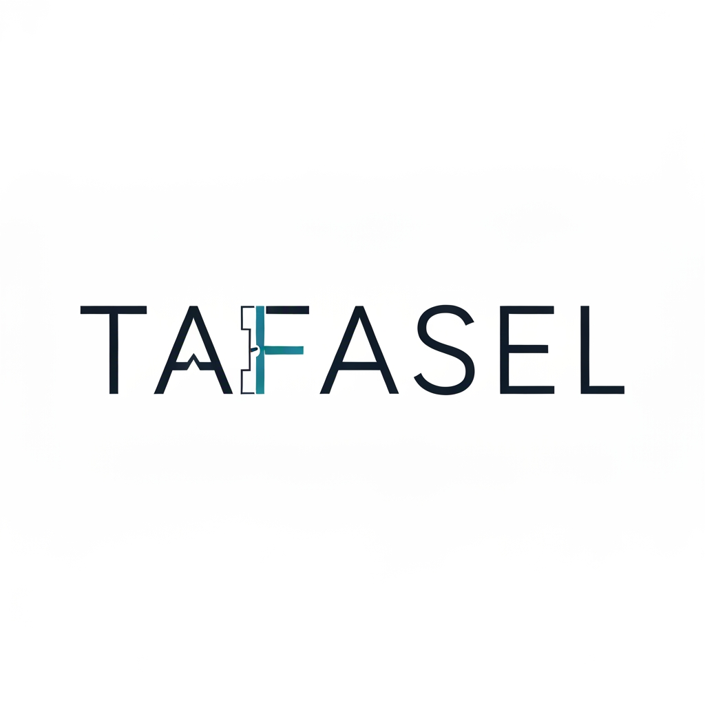 Design a clean, minimalist, and futuristic wordmark logo for a general contracting company named “TAFASEL”.

Concept:
- The logo must be purely typographic using the word “TAFASEL” only (no icons or إضافات خارجية).
- Introduce a subtle, intelligent design twist on the first letter “T” to reflect engineering or construction (e.g., structural beam, modular joint, architectural alignment).
- The modification must be minimal, precise, and seamlessly integrated — not decorative or exaggerated.

Style:
- Modern, professional, and high-end corporate identity
- Minimalist with a futuristic touch
- Strong geometric construction and visual balance
- Clean lines, sharp edges, and precise spacing
- Reflects reliability, structure, and technical excellence

Typography:
- Custom geometric sans-serif style
- Slightly bold weight
- Balanced kerning and alignment
- Letters should feel engineered, not stylized

Colors:
- Use a refined, non-light color palette such as:
  - Deep navy
  - Graphite / charcoal black
  - Dark steel blue
- Optional: very subtle accent (e.g., muted metallic gold or deep cyan)
- Avoid bright, neon, or washed-out colors

Background:
- Pure white background only

Output:
- Centered composition
- Flat design (no mockups, no shadows, no textures, no gradients unless extremely subtle)
- Vector style appearance (sharp and scalable)
- High resolution

Mood:
- Confident, precise, and modern
- Slightly futuristic but still practical and grounded for a construction company