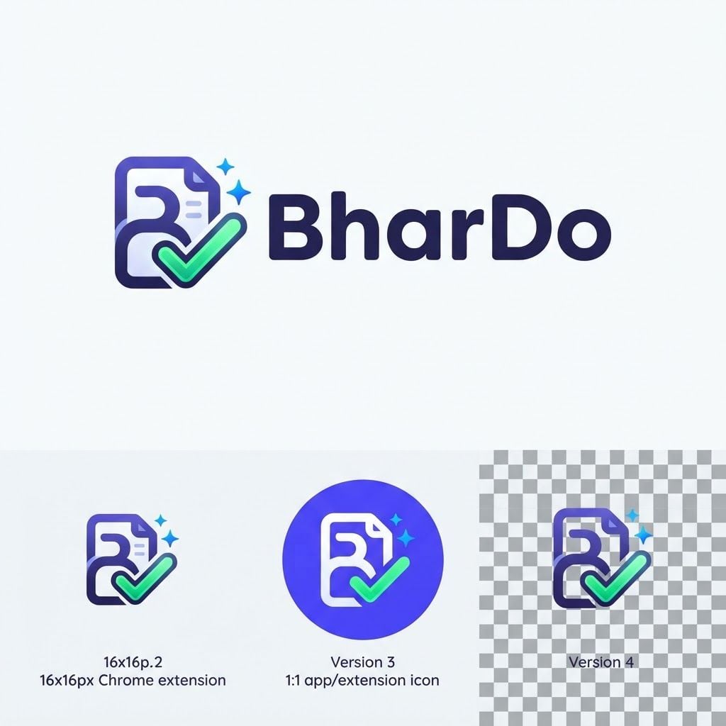 Design a modern, memorable logo for a Chrome extension called **“BharDo”**, an AI-powered job application autofill assistant.

The name “BharDo” means **“fill it for me”**, giving the brand a playful Indian/Gen-Z personality.

Logo concept:

* Create a distinctive icon representing **automatically filling a form**
* Combine a **document/form + checkmark + subtle AI sparkle**
* The icon can creatively incorporate the letter **B**
* Make the concept feel like: **“You bring the job application, BharDo fills it.”**
* Avoid generic robots, brains, circuit boards, or overly obvious AI imagery
* Keep the icon recognizable even at **16×16 px** as a Chrome extension icon

Brand personality:

* Smart
* Fast
* Helpful
* Playful
* Indian/Gen-Z
* Trustworthy
* Tech startup

Typography:

* Bold, modern, rounded sans-serif
* Wordmark: **BharDo**
* Make the capitalization exactly **BharDo**
* Friendly but professional
* Strong visual identity

Colors:

* Primary: vibrant **indigo / purple**
* Accent: **electric blue**
* Small green accent for the completed/checkmark concept
* Optional subtle gradient
* High contrast
* White/transparent background

Visual style:

* Minimal vector logo
* Premium modern SaaS startup
* Clean geometric shapes
* Flat design with very subtle depth if needed
* No excessive gradients
* No mockups
* No browser window
* No unnecessary text

Generate:

1. **BharDo full logo** — icon + wordmark
2. **BharDo standalone icon** — optimized for Chrome extension
3. **1:1 app/extension icon**
4. **Transparent background version**

The final result should look like a **real Indian AI startup brand**, memorable enough that users immediately associate the icon with **automatically filling job applications**.

This is a square 1:1 image for posts. Fill the whole frame edge to edge and scale the subject large. Do not leave empty margin.