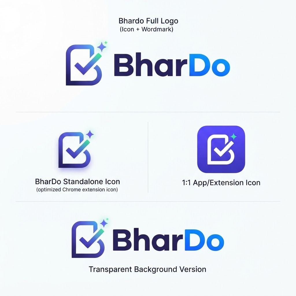 Design a modern, memorable logo for a Chrome extension called **“BharDo”**, an AI-powered job application autofill assistant.
The name “BharDo” means **“fill it for me”**, giving the brand a playful Indian/Gen-Z personality.
Logo concept:
* Create a distinctive icon representing **automatically filling a form**
* Combine a **document/form + checkmark + subtle AI sparkle**
* The icon can creatively incorporate the letter **B**
* Make the concept feel like: **“You bring the job application, BharDo fills it.”**
* Avoid generic robots, brains, circuit boards, or overly obvious AI imagery
* Keep the icon recognizable even at **16×16 px** as a Chrome extension icon
Brand personality:
* Smart
* Fast
* Helpful
* Playful
* Indian/Gen-Z
* Trustworthy
* Tech startup
Typography:
* Bold, modern, rounded sans-serif
* Wordmark: **BharDo**
* Make the capitalization exactly **BharDo**
* Friendly but professional
* Strong visual identity
Colors:
* Primary: vibrant **indigo / purple**
* Accent: **electric blue**
* Small green accent for the completed/checkmark concept
* Optional subtle gradient
* High contrast
* White/transparent background
Visual style:
* Minimal vector logo
* Premium modern SaaS startup
* Clean geometric shapes
* Flat design with very subtle depth if needed
* No excessive gradients
* No mockups
* No browser window
* No unnecessary text
Generate:
1. **BharDo full logo** — icon + wordmark
2. **BharDo standalone icon** — optimized for Chrome extension
3. **1:1 app/extension icon**
4. **Transparent background version**
The final result should look like a **real Indian AI startup brand**, memorable enough that users immediately associate the icon with **automatically filling job applications**.
This is a square 1:1 image for posts. Fill the whole frame edge to edge and scale the subject large. Do not leave empty margin.