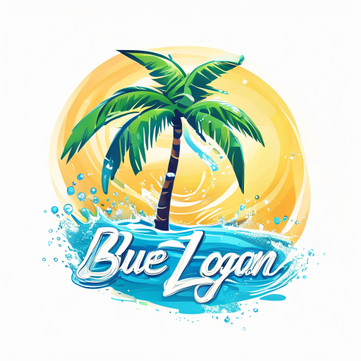 Logo Design: Pictorial logo for a water park named "Blue Lagoon": A vibrant palm tree with water splashes surrounding it, tropical blues and greens, playful sans-serif font. Design inspired by fun and adventure, incorporating a dynamic composition with flowing shapes, and a sunny sky gradient background.