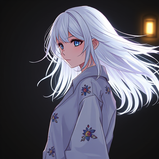 AI Design for Imagine a breathtaking scene of a two young anime girls with felco haircuts,(Here's the image of the anime-style character with flowing hair, looking at it in a magical, fantasy setting. Let me know if you'd like any adjustments!) her hair side parting with straightened hair style, windblown, pure white anime-style hair glowing brightly against the pure dark midnight. She stands with an over-the-shoulder glance, her ,expression a mix of and gentle allure, perfectly captured in a cozy, rustic cottage house. The setting is her charming hometown, adding an intimate, nostalgic touch.The photoshoot is rich in detail, showcasing her in an oversized shirt that adds a touch of casual elegance and undeniable cuteness. The shirt, too large for her frame has playful, adorable patterns, making her look endearingly charming. Illuminated by dynamic lighting, the surrounding darkness enhances the dramatic, cinematic quality of the shot, reminiscent of a film still with dark cinematic color grading. The low angle and tilt-shift effect create a stunning composition, with fine details rendered in 4K HD+.She embodies a powerful, mysterious presence, channeling the aura of Nier Automata's 2B. The scene is realistic yet ethereal, with light leaks and god rays adding a dreamy, heavenly quality. Close-up shots highlight her vibrant, glowing white hair, making her appear otherworldly. Whitesh tint.