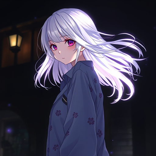 AI Design for Imagine a breathtaking scene of a two young anime girls with felco haircuts,(Here's the image of the anime-style character with flowing hair, looking at it in a magical, fantasy setting. Let me know if you'd like any adjustments!) her hair side parting with straightened hair style, windblown, pure white anime-style hair glowing brightly against the pure dark midnight. She stands with an over-the-shoulder glance, her ,expression a mix of and gentle allure, perfectly captured in a cozy, rustic cottage house. The setting is her charming hometown, adding an intimate, nostalgic touch.The photoshoot is rich in detail, showcasing her in an oversized shirt that adds a touch of casual elegance and undeniable cuteness. The shirt, too large for her frame has playful, adorable patterns, making her look endearingly charming. Illuminated by dynamic lighting, the surrounding darkness enhances the dramatic, cinematic quality of the shot, reminiscent of a film still with dark cinematic color grading. The low angle and tilt-shift effect create a stunning composition, with fine details rendered in 4K HD+.She embodies a powerful, mysterious presence, channeling the aura of Nier Automata's 2B. The scene is realistic yet ethereal, with light leaks and god rays adding a dreamy, heavenly quality. Close-up shots highlight her vibrant, glowing white hair, making her appear otherworldly. Whitesh tint.