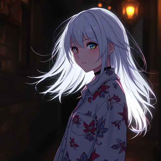 AI Design for Imagine a breathtaking scene of a two young anime girls with felco haircuts,(Here's the image of the anime-style character with flowing hair, looking at it in a magical, fantasy setting. Let me know if you'd like any adjustments!) her hair side parting with straightened hair style, windblown, pure white anime-style hair glowing brightly against the pure dark midnight. She stands with an over-the-shoulder glance, her ,expression a mix of and gentle allure, perfectly captured in a cozy, rustic cottage house. The setting is her charming hometown, adding an intimate, nostalgic touch.The photoshoot is rich in detail, showcasing her in an oversized shirt that adds a touch of casual elegance and undeniable cuteness. The shirt, too large for her frame has playful, adorable patterns, making her look endearingly charming. Illuminated by dynamic lighting, the surrounding darkness enhances the dramatic, cinematic quality of the shot, reminiscent of a film still with dark cinematic color grading. The low angle and tilt-shift effect create a stunning composition, with fine details rendered in 4K HD+.She embodies a powerful, mysterious presence, channeling the aura of Nier Automata's 2B. The scene is realistic yet ethereal, with light leaks and god rays adding a dreamy, heavenly quality. Close-up shots highlight her vibrant, glowing white hair, making her appear otherworldly. Whitesh tint.