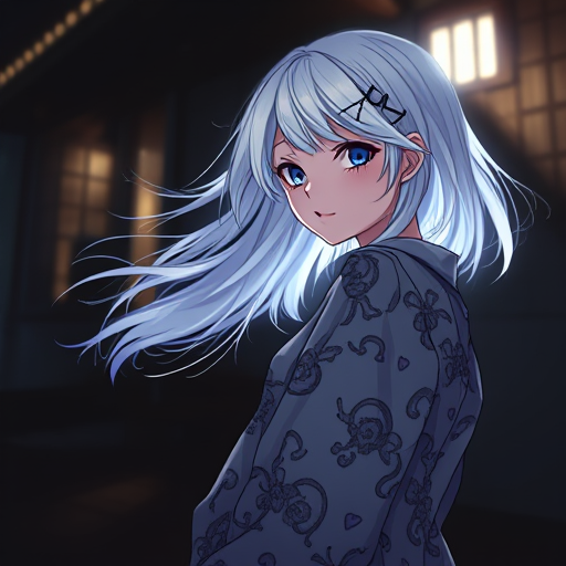 AI Design for Imagine a breathtaking scene of a two young anime girls with felco haircuts,(Here's the image of the anime-style character with flowing hair, looking at it in a magical, fantasy setting. Let me know if you'd like any adjustments!) her hair side parting with straightened hair style, windblown, pure white anime-style hair glowing brightly against the pure dark midnight. She stands with an over-the-shoulder glance, her ,expression a mix of and gentle allure, perfectly captured in a cozy, rustic cottage house. The setting is her charming hometown, adding an intimate, nostalgic touch.The photoshoot is rich in detail, showcasing her in an oversized shirt that adds a touch of casual elegance and undeniable cuteness. The shirt, too large for her frame has playful, adorable patterns, making her look endearingly charming. Illuminated by dynamic lighting, the surrounding darkness enhances the dramatic, cinematic quality of the shot, reminiscent of a film still with dark cinematic color grading. The low angle and tilt-shift effect create a stunning composition, with fine details rendered in 4K HD+.She embodies a powerful, mysterious presence, channeling the aura of Nier Automata's 2B. The scene is realistic yet ethereal, with light leaks and god rays adding a dreamy, heavenly quality. Close-up shots highlight her vibrant, glowing white hair, making her appear otherworldly. Whitesh tint.