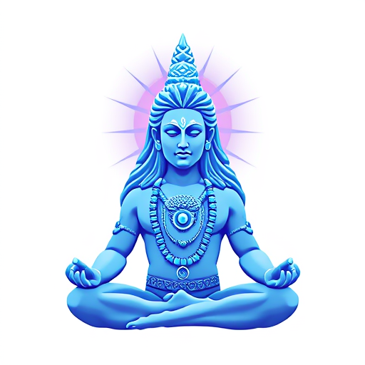 AI Design for The light-Blue coloured bodied Shiva is meditating. We only see him from the throat up. From the pit of his throat, a blue coloured energy shoots up travelling through his mid point in the forehead, the place between the eyebrows and slowly travels to his head to the top of his head. Also known as the crown chakra. As the shards of energy travel to the top of his head, the colour of the energy slowly turns from blue to Purple and we see the closed eyes of Shiva slowly turning within himself as in the statue of the Adiyogi which is installed in Coimbatore.