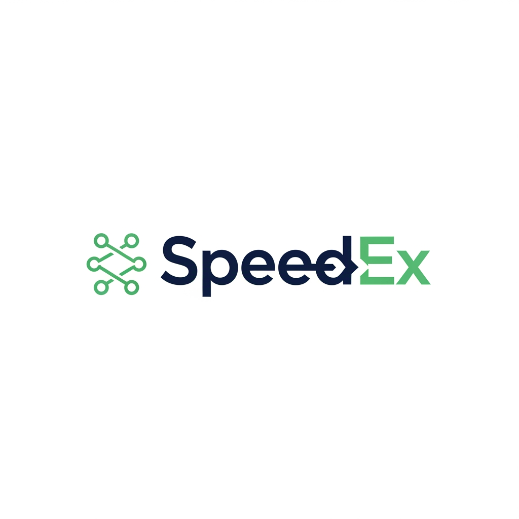 AI Design for Professional vector logo design for a logistics and freight forwarding brand named “SpeedEx”.

Use only the brand name: SpeedEx.

Brand personality: reliable, transparent, modern, professional, calm, fast, digital-first, B2B logistics, practical, trustworthy.

Industry: logistics, freight forwarding, import/export, shipment visibility, documentation, route tracking, integrated 3PL.

Create a clean, modern, premium logo with a symbol + wordmark. The logo should feel fast and reliable, but not flashy. The wordmark should have a slight right-leaning motion feel, suggesting speed and forward movement.

Design direction:
A modern logistics logo using a simple forward arrow, route line, connected node, or directional mark integrated into the “E” or “X” of SpeedEx. The symbol should suggest movement, trade lanes, shipment tracking, and global logistics corridors without using literal trucks, ships, or airplanes.

Style:
Minimalist, flat vector, geometric, clean, scalable, professional B2B, balanced spacing, strong readability, suitable for website header, business card, invoice, social media icon, vehicle branding, and favicon.

Typography:
Modern sans-serif wordmark, geometric or humanist style, slightly customized, similar to Inter, Sora, Manrope, Montserrat, Plus Jakarta Sans, Avenir Next, or Gilroy. No script fonts, no serif fonts, no decorative fonts.

Color palette:
Deep navy blue as the primary color for trust and reliability.
Use one accent color from the following:

* light ocean green for sustainability and modern logistics
* teal for digital visibility
* orange for speed and energy

Preferred color version:
Deep navy + light ocean green + white/off-white.

Logo variations to explore:

1. Forward motion wordmark with a hidden arrow in the “X”
2. Route-tracking icon with connected nodes
3. Minimal global corridor line mark
4. Speed-cut typography with subtle angled letter cuts
5. Ocean-green sustainability logistics mark

Avoid:
literal truck icon, ship icon, airplane icon, complex globe, generic courier swoosh, messy blur, 3D effects, shadows, gradients, clipart, cartoon style, overly detailed illustration, too many colors.

Output should look like a professional vector logo concept, clean white background, centered composition, high contrast, simple shapes, brand-ready, easy to refine in Adobe Illustrator.