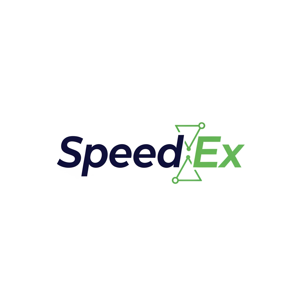 AI Design for Professional vector logo design for a logistics and freight forwarding brand named “SpeedEx”.

Use only the brand name: SpeedEx.

Brand personality: reliable, transparent, modern, professional, calm, fast, digital-first, B2B logistics, practical, trustworthy.

Industry: logistics, freight forwarding, import/export, shipment visibility, documentation, route tracking, integrated 3PL.

Create a clean, modern, premium logo with a symbol + wordmark. The logo should feel fast and reliable, but not flashy. The wordmark should have a slight right-leaning motion feel, suggesting speed and forward movement.

Design direction:
A modern logistics logo using a simple forward arrow, route line, connected node, or directional mark integrated into the “E” or “X” of SpeedEx. The symbol should suggest movement, trade lanes, shipment tracking, and global logistics corridors without using literal trucks, ships, or airplanes.

Style:
Minimalist, flat vector, geometric, clean, scalable, professional B2B, balanced spacing, strong readability, suitable for website header, business card, invoice, social media icon, vehicle branding, and favicon.

Typography:
Modern sans-serif wordmark, geometric or humanist style, slightly customized, similar to Inter, Sora, Manrope, Montserrat, Plus Jakarta Sans, Avenir Next, or Gilroy. No script fonts, no serif fonts, no decorative fonts.

Color palette:
Deep navy blue as the primary color for trust and reliability.
Use one accent color from the following:

* light ocean green for sustainability and modern logistics
* teal for digital visibility
* orange for speed and energy

Preferred color version:
Deep navy + light ocean green + white/off-white.

Logo variations to explore:

1. Forward motion wordmark with a hidden arrow in the “X”
2. Route-tracking icon with connected nodes
3. Minimal global corridor line mark
4. Speed-cut typography with subtle angled letter cuts
5. Ocean-green sustainability logistics mark

Avoid:
literal truck icon, ship icon, airplane icon, complex globe, generic courier swoosh, messy blur, 3D effects, shadows, gradients, clipart, cartoon style, overly detailed illustration, too many colors.

Output should look like a professional vector logo concept, clean white background, centered composition, high contrast, simple shapes, brand-ready, easy to refine in Adobe Illustrator.