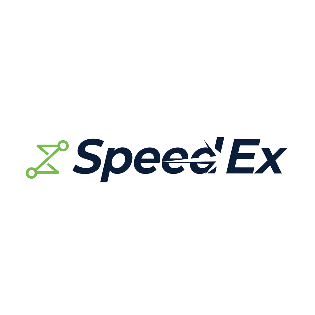 AI Design for Professional vector logo design for a logistics and freight forwarding brand named “SpeedEx”.

Use only the brand name: SpeedEx.

Brand personality: reliable, transparent, modern, professional, calm, fast, digital-first, B2B logistics, practical, trustworthy.

Industry: logistics, freight forwarding, import/export, shipment visibility, documentation, route tracking, integrated 3PL.

Create a clean, modern, premium logo with a symbol + wordmark. The logo should feel fast and reliable, but not flashy. The wordmark should have a slight right-leaning motion feel, suggesting speed and forward movement.

Design direction:
A modern logistics logo using a simple forward arrow, route line, connected node, or directional mark integrated into the “E” or “X” of SpeedEx. The symbol should suggest movement, trade lanes, shipment tracking, and global logistics corridors without using literal trucks, ships, or airplanes.

Style:
Minimalist, flat vector, geometric, clean, scalable, professional B2B, balanced spacing, strong readability, suitable for website header, business card, invoice, social media icon, vehicle branding, and favicon.

Typography:
Modern sans-serif wordmark, geometric or humanist style, slightly customized, similar to Inter, Sora, Manrope, Montserrat, Plus Jakarta Sans, Avenir Next, or Gilroy. No script fonts, no serif fonts, no decorative fonts.

Color palette:
Deep navy blue as the primary color for trust and reliability.
Use one accent color from the following:

* light ocean green for sustainability and modern logistics
* teal for digital visibility
* orange for speed and energy

Preferred color version:
Deep navy + light ocean green + white/off-white.

Logo variations to explore:

1. Forward motion wordmark with a hidden arrow in the “X”
2. Route-tracking icon with connected nodes
3. Minimal global corridor line mark
4. Speed-cut typography with subtle angled letter cuts
5. Ocean-green sustainability logistics mark

Avoid:
literal truck icon, ship icon, airplane icon, complex globe, generic courier swoosh, messy blur, 3D effects, shadows, gradients, clipart, cartoon style, overly detailed illustration, too many colors.

Output should look like a professional vector logo concept, clean white background, centered composition, high contrast, simple shapes, brand-ready, easy to refine in Adobe Illustrator.
