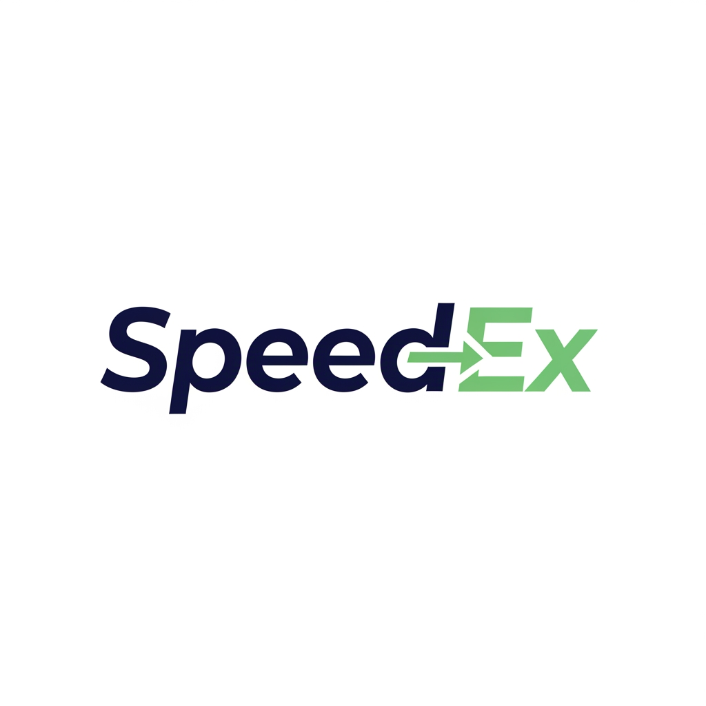 AI Design for Professional vector logo design for a logistics and freight forwarding brand named “SpeedEx”.

Use only the brand name: SpeedEx.

Brand personality: reliable, transparent, modern, professional, calm, fast, digital-first, B2B logistics, practical, trustworthy.

Industry: logistics, freight forwarding, import/export, shipment visibility, documentation, route tracking, integrated 3PL.

Create a clean, modern, premium logo with a symbol + wordmark. The logo should feel fast and reliable, but not flashy. The wordmark should have a slight right-leaning motion feel, suggesting speed and forward movement.

Design direction:
A modern logistics logo using a simple forward arrow, route line, connected node, or directional mark integrated into the “E” or “X” of SpeedEx. The symbol should suggest movement, trade lanes, shipment tracking, and global logistics corridors without using literal trucks, ships, or airplanes.

Style:
Minimalist, flat vector, geometric, clean, scalable, professional B2B, balanced spacing, strong readability, suitable for website header, business card, invoice, social media icon, vehicle branding, and favicon.

Typography:
Modern sans-serif wordmark, geometric or humanist style, slightly customized, similar to Inter, Sora, Manrope, Montserrat, Plus Jakarta Sans, Avenir Next, or Gilroy. No script fonts, no serif fonts, no decorative fonts.

Color palette:
Deep navy blue as the primary color for trust and reliability.
Use one accent color from the following:

* light ocean green for sustainability and modern logistics
* teal for digital visibility
* orange for speed and energy

Preferred color version:
Deep navy + light ocean green + white/off-white.

Logo variations to explore:

1. Forward motion wordmark with a hidden arrow in the “X”
2. Route-tracking icon with connected nodes
3. Minimal global corridor line mark
4. Speed-cut typography with subtle angled letter cuts
5. Ocean-green sustainability logistics mark

Avoid:
literal truck icon, ship icon, airplane icon, complex globe, generic courier swoosh, messy blur, 3D effects, shadows, gradients, clipart, cartoon style, overly detailed illustration, too many colors.

Output should look like a professional vector logo concept, clean white background, centered composition, high contrast, simple shapes, brand-ready, easy to refine in Adobe Illustrator.