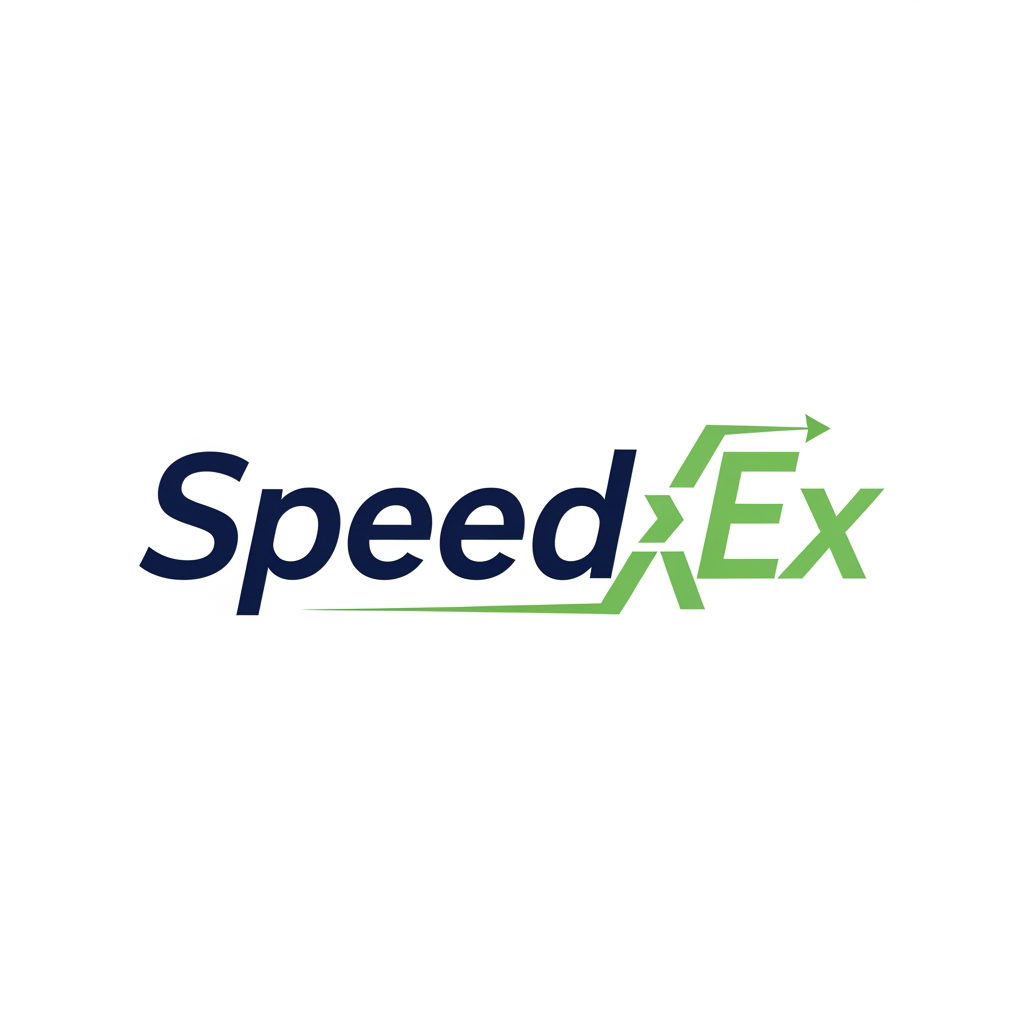 AI Design for Professional vector logo design for a logistics and freight forwarding brand named “SpeedEx”.

Use only the brand name: SpeedEx.

Brand personality: reliable, transparent, modern, professional, calm, fast, digital-first, B2B logistics, practical, trustworthy.

Industry: logistics, freight forwarding, import/export, shipment visibility, documentation, route tracking, integrated 3PL.

Create a clean, modern, premium logo with a symbol + wordmark. The logo should feel fast and reliable, but not flashy. The wordmark should have a slight right-leaning motion feel, suggesting speed and forward movement.

Design direction:
A modern logistics logo using a simple forward arrow, route line, connected node, or directional mark integrated into the “E” or “X” of SpeedEx. The symbol should suggest movement, trade lanes, shipment tracking, and global logistics corridors without using literal trucks, ships, or airplanes.

Style:
Minimalist, flat vector, geometric, clean, scalable, professional B2B, balanced spacing, strong readability, suitable for website header, business card, invoice, social media icon, vehicle branding, and favicon.

Typography:
Modern sans-serif wordmark, geometric or humanist style, slightly customized, similar to Inter, Sora, Manrope, Montserrat, Plus Jakarta Sans, Avenir Next, or Gilroy. No script fonts, no serif fonts, no decorative fonts.

Color palette:
Deep navy blue as the primary color for trust and reliability.
Use one accent color from the following:

* light ocean green for sustainability and modern logistics
* teal for digital visibility
* orange for speed and energy

Preferred color version:
Deep navy + light ocean green + white/off-white.

Logo variations to explore:

1. Forward motion wordmark with a hidden arrow in the “X”
2. Route-tracking icon with connected nodes
3. Minimal global corridor line mark
4. Speed-cut typography with subtle angled letter cuts
5. Ocean-green sustainability logistics mark

Avoid:
literal truck icon, ship icon, airplane icon, complex globe, generic courier swoosh, messy blur, 3D effects, shadows, gradients, clipart, cartoon style, overly detailed illustration, too many colors.

Output should look like a professional vector logo concept, clean white background, centered composition, high contrast, simple shapes, brand-ready, easy to refine in Adobe Illustrator.