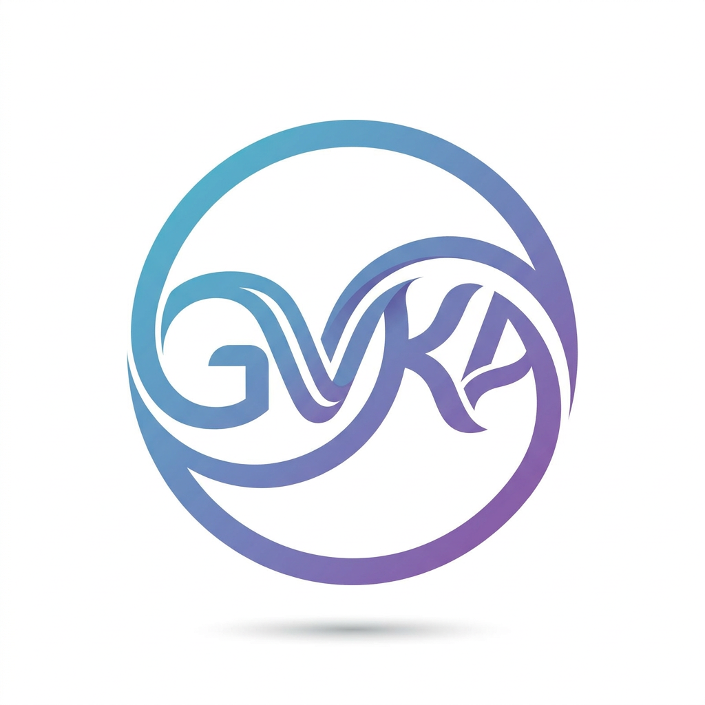 Create an abstract circular logo where the letters "GVKA" are fused into a flowing spiral or continuous loop inside a circle. The design should feel dynamic and energetic, with curved strokes connecting each letter seamlessly. Use motion-inspired design with smooth transitions and a futuristic touch. Add subtle gradient accents (blue to purple) while keeping it clean and professional. Ensure the mark looks like a unique brand symbol, not just typography.