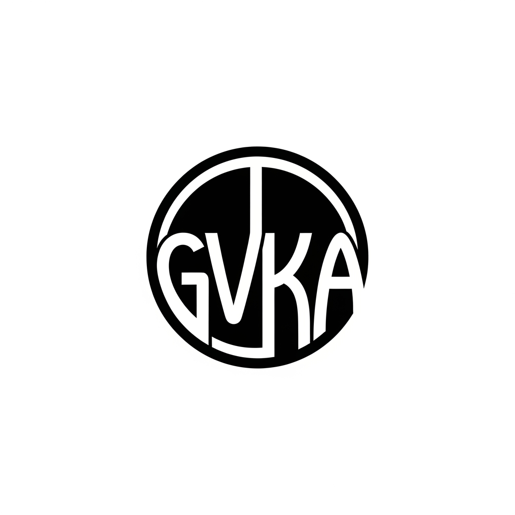 Design a modern abstract logo integrating the letters "GVKA" within a circular form. The letters should be creatively merged into a single cohesive symbol, not readable at first glance but subtly recognizable. Use geometric construction, smooth curves, and balanced symmetry. Focus on negative space to hide parts of the letters inside the circle. Keep it minimal, vector-style, and scalable. Use black and white color scheme. Centered composition on a clean background.