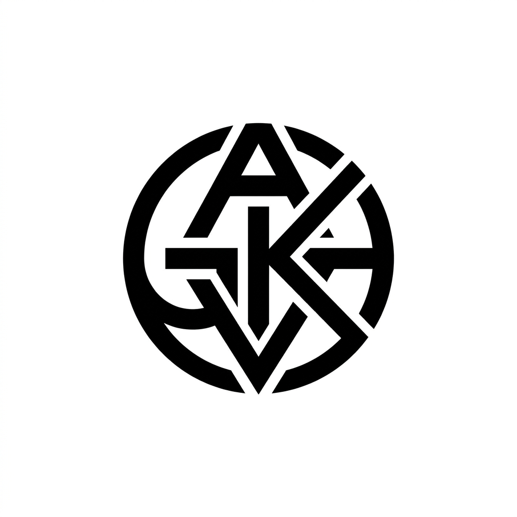 Design a modern abstract logo integrating the letters "GVKA" within a circular form. The letters should be creatively merged into a single cohesive symbol, not readable at first glance but subtly recognizable. Use geometric construction, smooth curves, and balanced symmetry. Focus on negative space to hide parts of the letters inside the circle. Keep it minimal, vector-style, and scalable. Use black and white color scheme. Centered composition on a clean background.