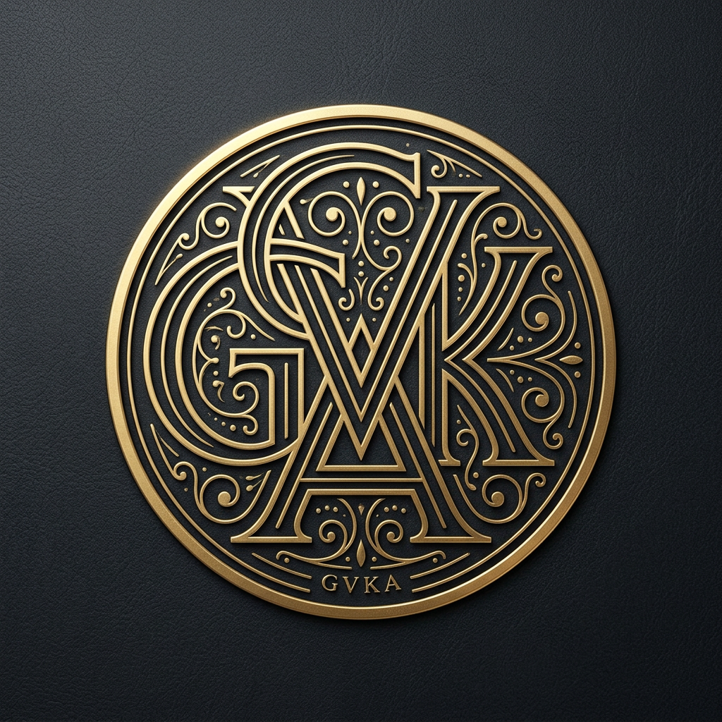 Design a premium circular monogram logo using the initials "GVKA". Integrate the letters into a symmetrical emblem inside a perfect circle. Use elegant line work, fine detailing, and balanced spacing. The letters should interlock in an abstract yet structured way. Apply gold metallic texture on a dark background with subtle emboss effect. The design should resemble a high-end seal or signature mark.