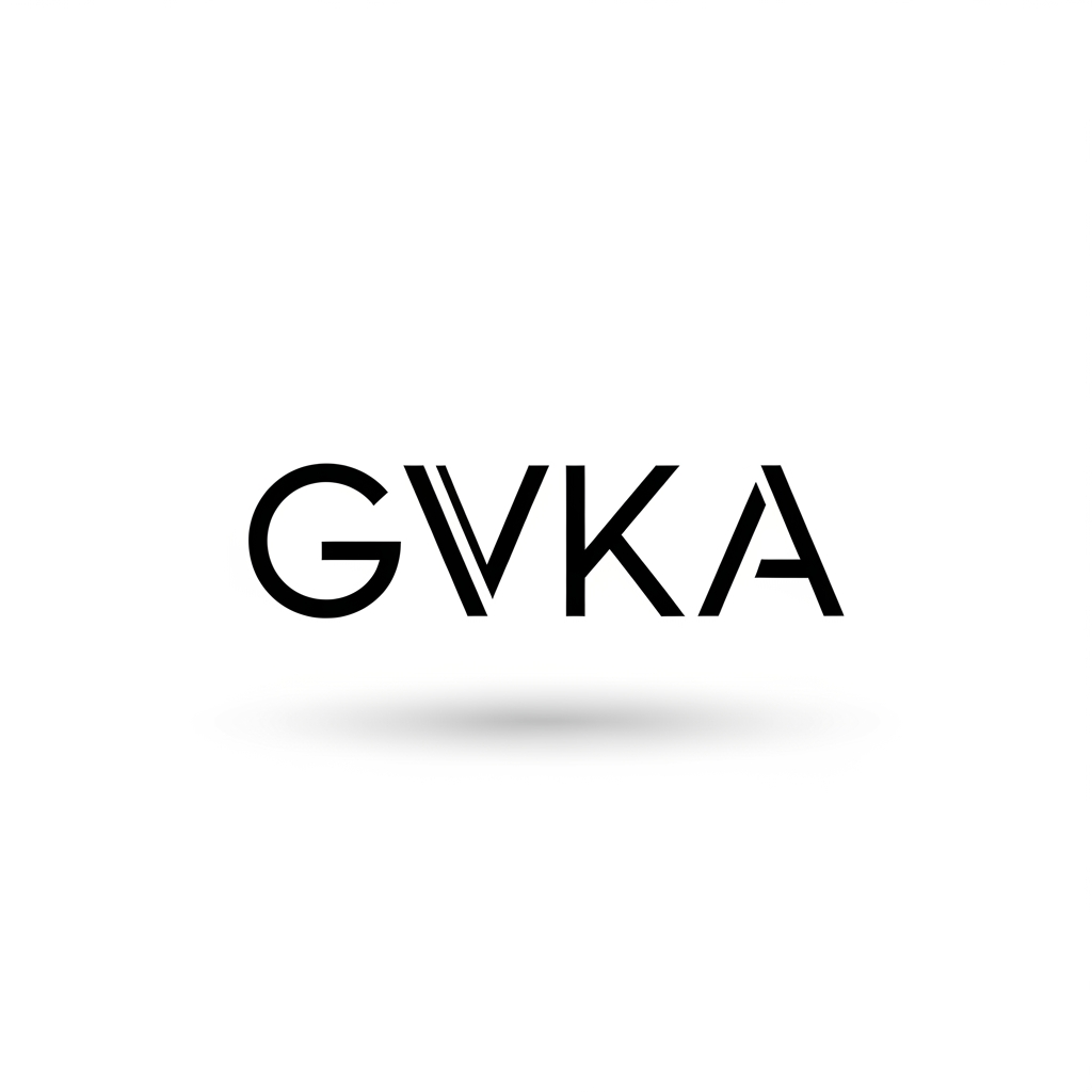 Design a modern minimalist logo using the letters "GVKA". Use clean geometric typography with balanced spacing. Incorporate subtle negative space and sharp edges to create a premium and professional feel. Color palette should be black and white or monochrome. Ensure the logo is scalable, vector-friendly, and suitable for branding. Place it on a clean white background with soft shadow presentation.