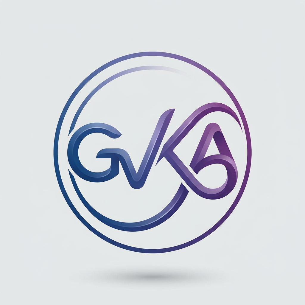 Create an abstract circular logo where the letters "GVKA" are fused into a flowing spiral or continuous loop inside a circle. The design should feel dynamic and energetic, with curved strokes connecting each letter seamlessly. Use motion-inspired design with smooth transitions and a futuristic touch. Add subtle gradient accents (blue to purple) while keeping it clean and professional. Ensure the mark looks like a unique brand symbol, not just typography.