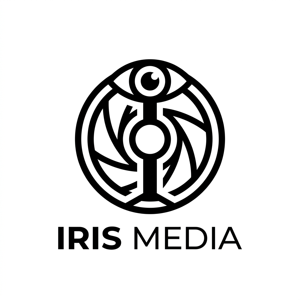 Create an ultra-premium minimalist logo for "Iris Media". Combine a subtle camera iris, eye, and the letter "I" into one iconic geometric symbol. Luxury branding inspired by Apple, Pentagram, and Swiss design. Flat vector, perfect symmetry, negative space, monochrome black and white, timeless, scalable SVG, no gradients, no shadows, no 3D, no mockups, no background textures, award-winning brand identity.