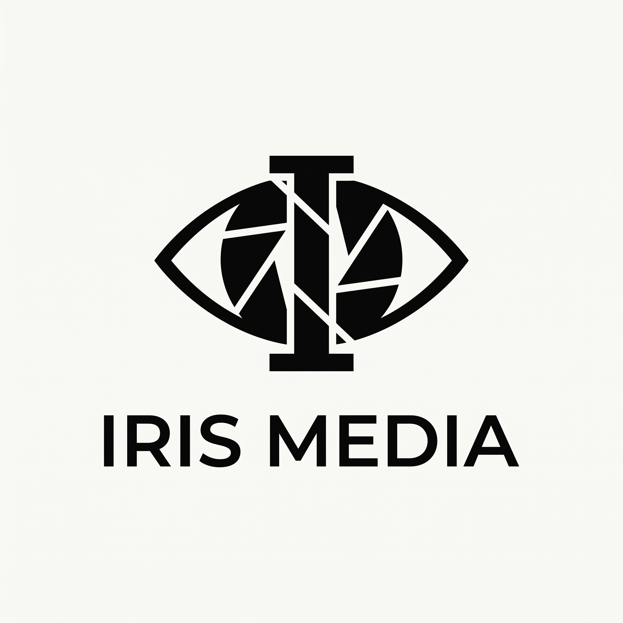 Create an ultra-premium minimalist logo for "Iris Media". Combine a subtle camera iris, eye, and the letter "I" into one iconic geometric symbol. Luxury branding inspired by Apple, Pentagram, and Swiss design. Flat vector, perfect symmetry, negative space, monochrome black and white, timeless, scalable SVG, no gradients, no shadows, no 3D, no mockups, no background textures, award-winning brand identity.