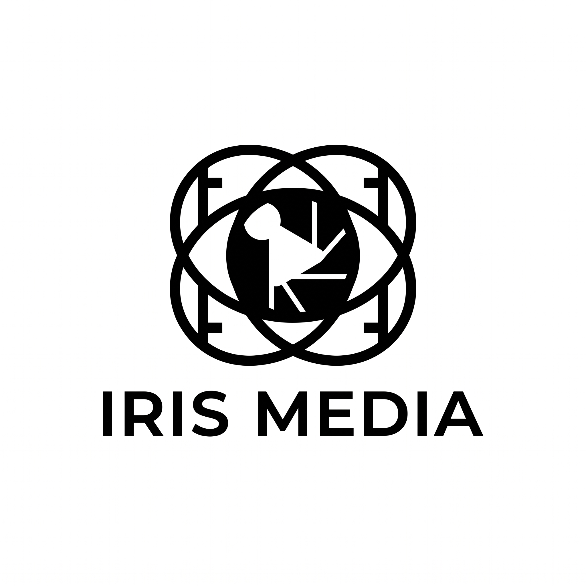 Create an abstract minimalist logo symbolizing vision, creativity, photography, filmmaking, and digital media for "Iris Media". Simple geometric icon, timeless branding, flat vector, monochrome, negative space, Swiss modernism, luxury brand identity.