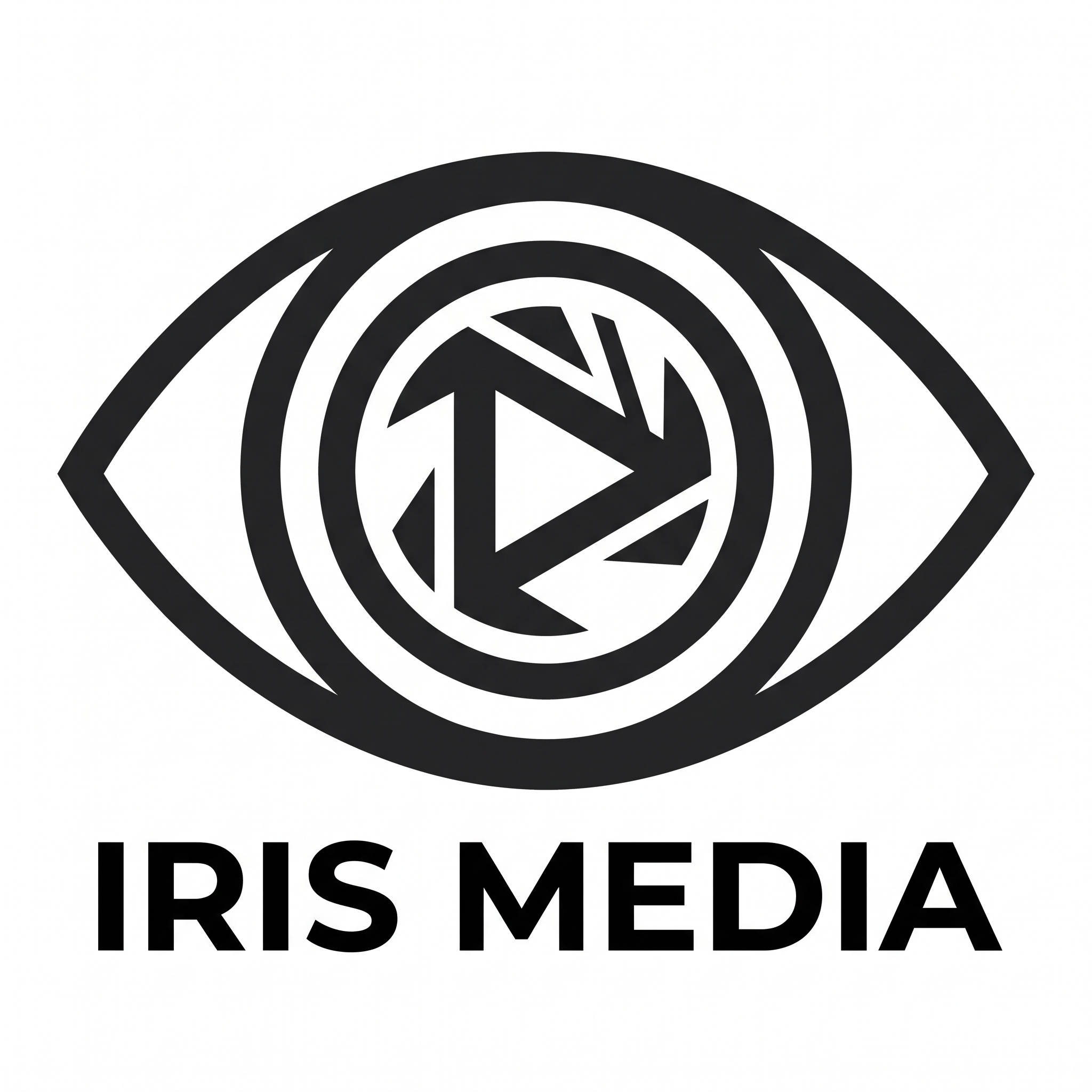 Create an abstract minimalist logo symbolizing vision, creativity, photography, filmmaking, and digital media for "Iris Media". Simple geometric icon, timeless branding, flat vector, monochrome, negative space, Swiss modernism, luxury brand identity.