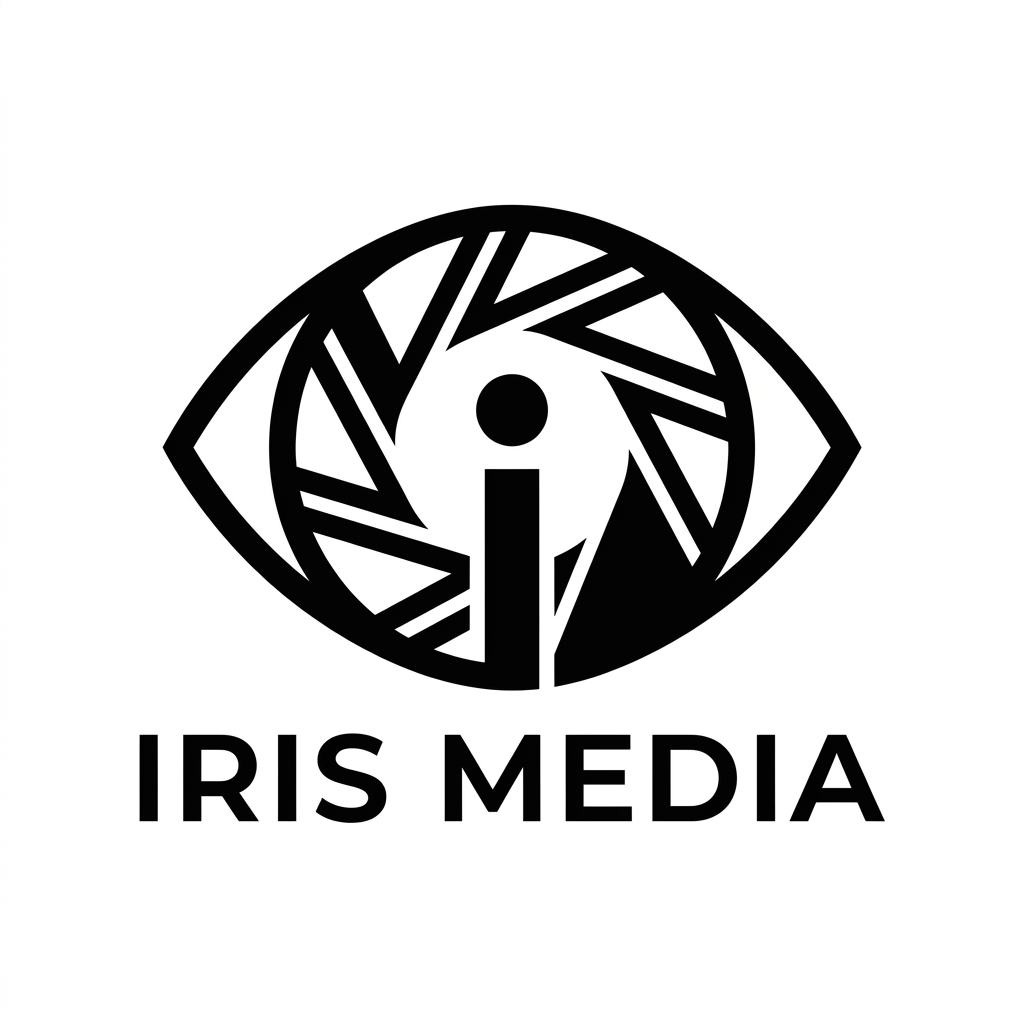 Create an ultra-premium minimalist logo for "Iris Media". Combine a subtle camera iris, eye, and the letter "I" into one iconic geometric symbol. Luxury branding inspired by Apple, Pentagram, and Swiss design. Flat vector, perfect symmetry, negative space, monochrome black and white, timeless, scalable SVG, no gradients, no shadows, no 3D, no mockups, no background textures, award-winning brand identity.