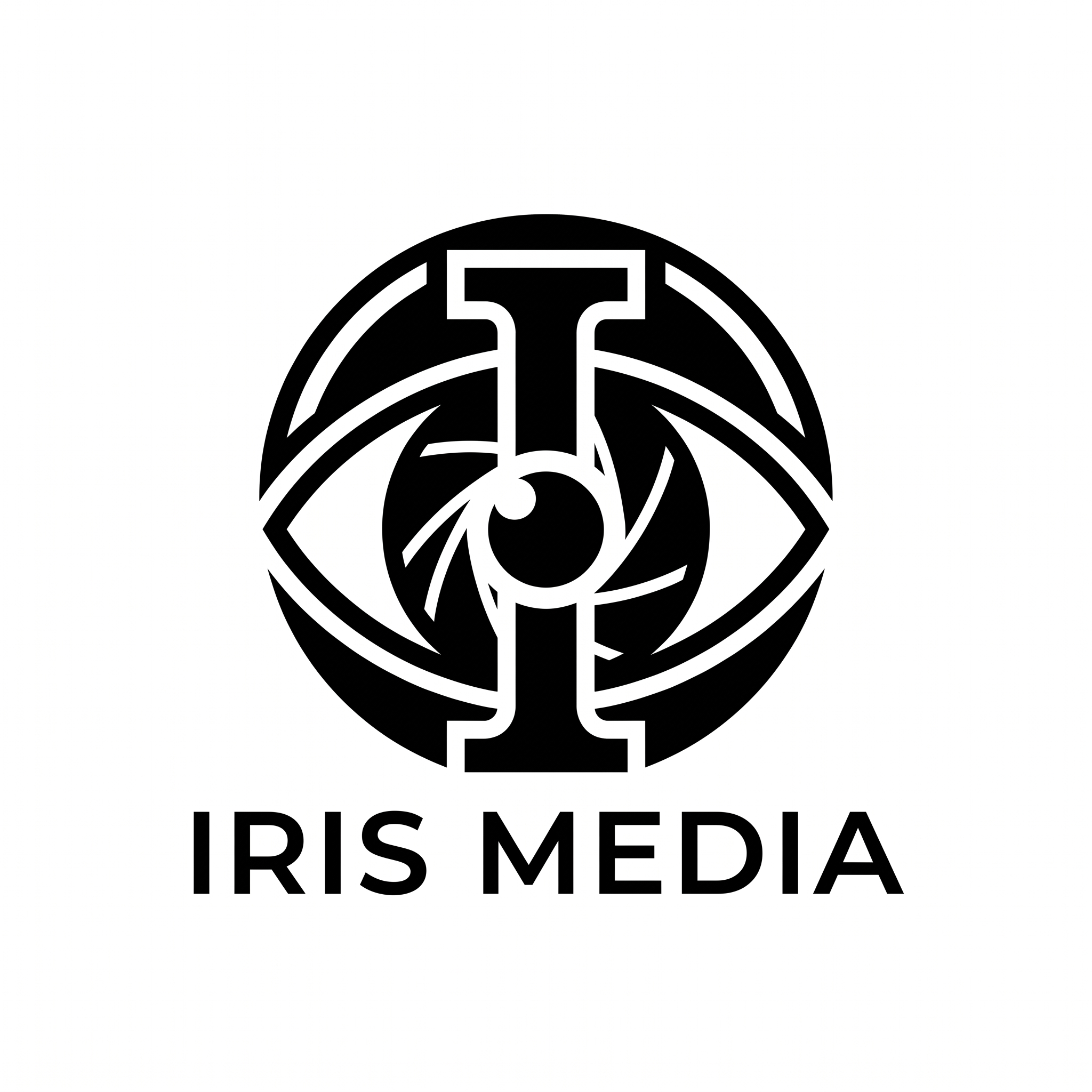 Create an ultra-premium minimalist logo for "Iris Media". Combine a subtle camera iris, eye, and the letter "I" into one iconic geometric symbol. Luxury branding inspired by Apple, Pentagram, and Swiss design. Flat vector, perfect symmetry, negative space, monochrome black and white, timeless, scalable SVG, no gradients, no shadows, no 3D, no mockups, no background textures, award-winning brand identity.