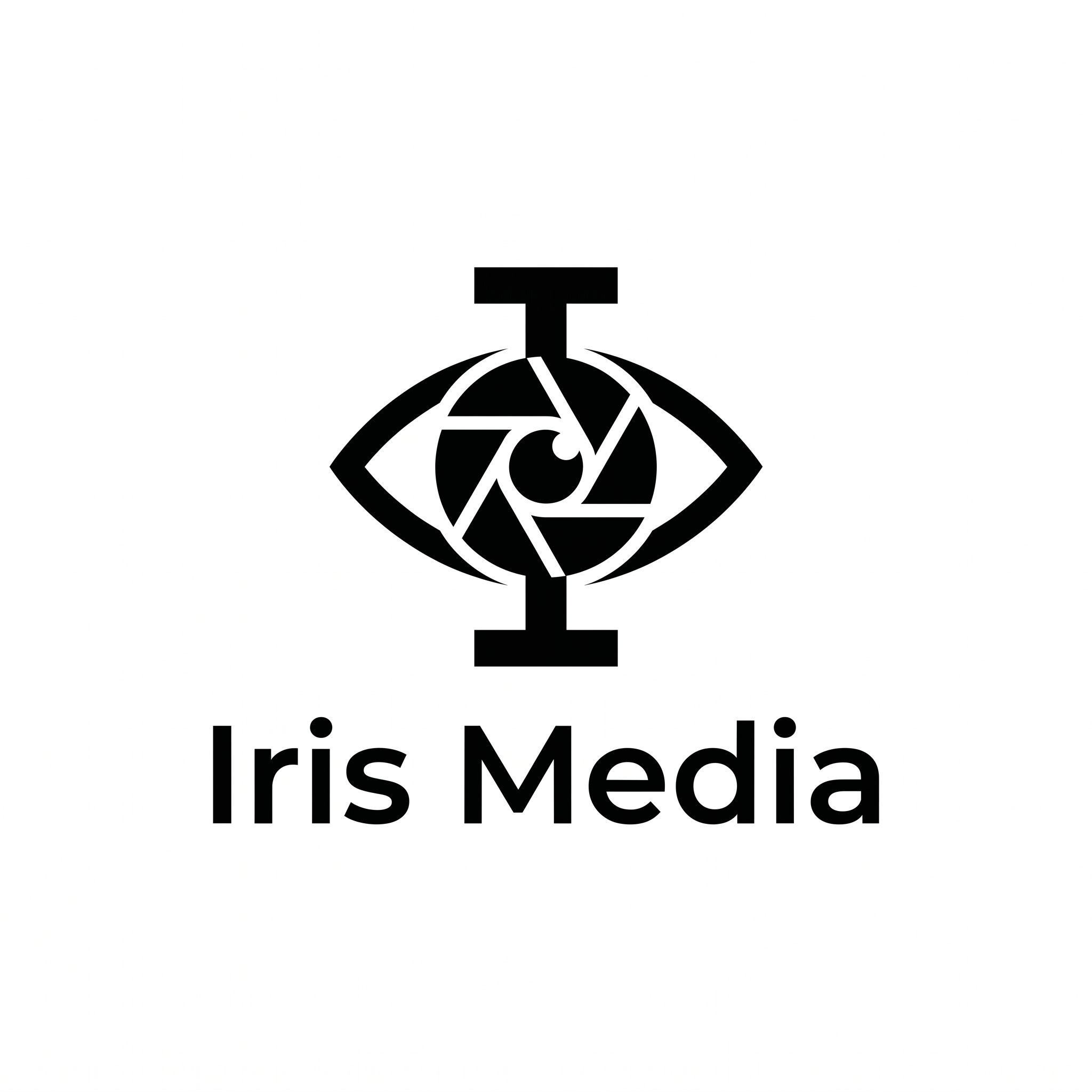 Create an ultra-premium minimalist logo for "Iris Media". Combine a subtle camera iris, eye, and the letter "I" into one iconic geometric symbol. Luxury branding inspired by Apple, Pentagram, and Swiss design. Flat vector, perfect symmetry, negative space, monochrome black and white, timeless, scalable SVG, no gradients, no shadows, no 3D, no mockups, no background textures, award-winning brand identity.