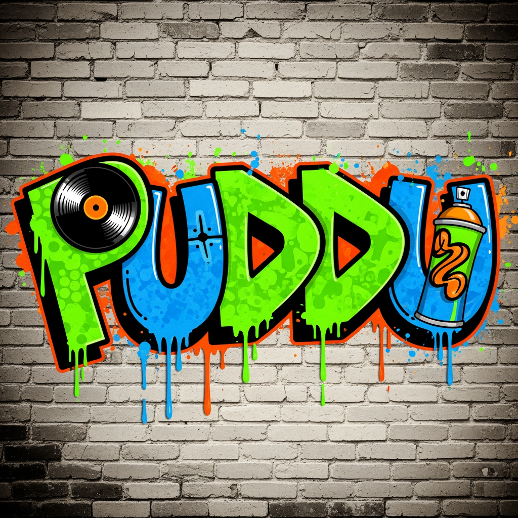 AI Design for crea un logo in stile graffiti anni 90 che rappresenti un produttore musicale di nome PUDDU
