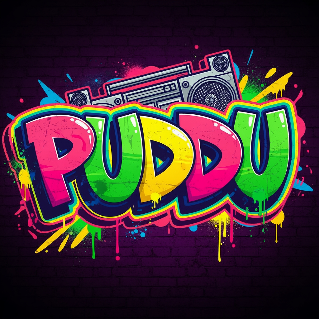 AI Design for crea un logo in stile graffiti anni 90 che rappresenti un produttore musicale di nome PUDDU