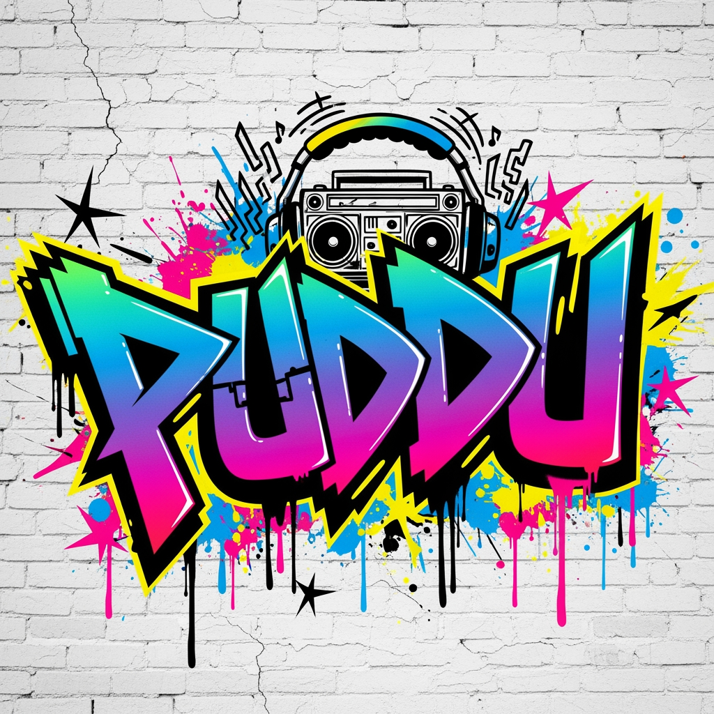 AI Design for crea un logo in stile graffiti anni 90 che rappresenti un produttore musicale di nome PUDDU