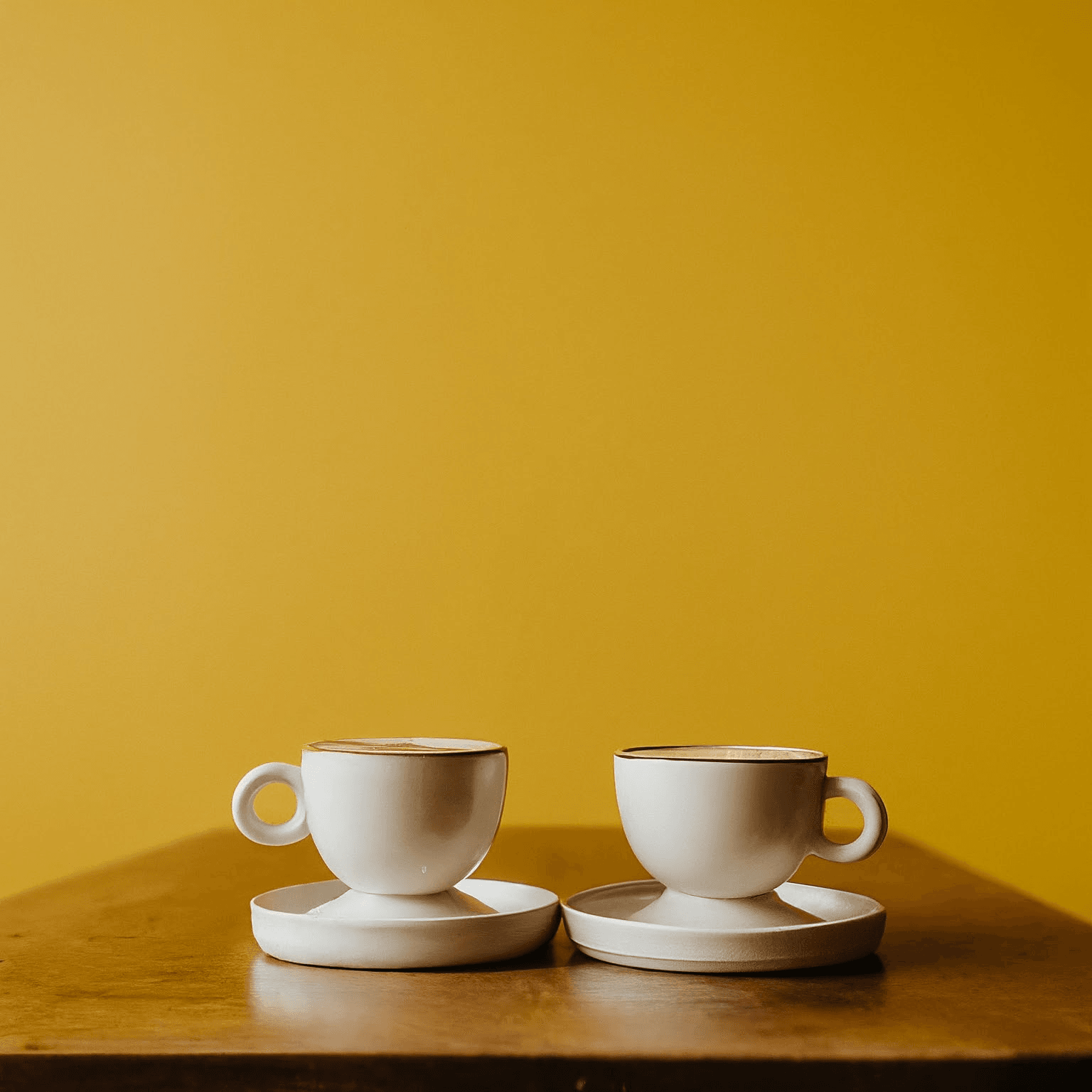 AI Design for two cups of coffee on table with yellow background, cozy home atmosphere with space for text in the middle