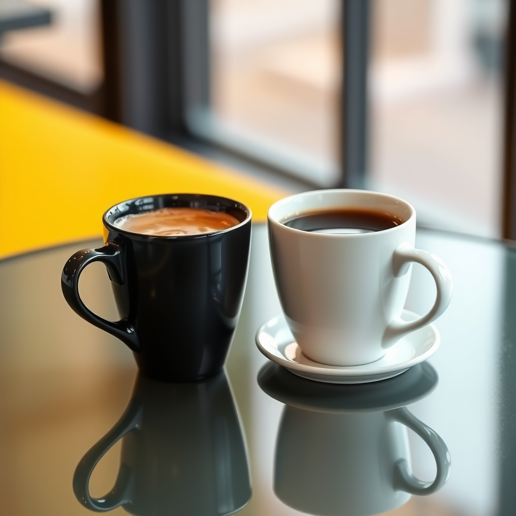 AI Design for two cups of coffee on table with yellow background